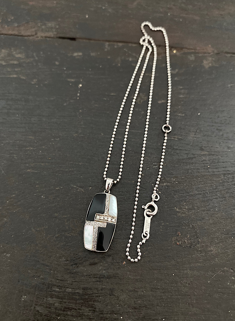 onyx&amp;mother of pearl mosaic 925silver necklace