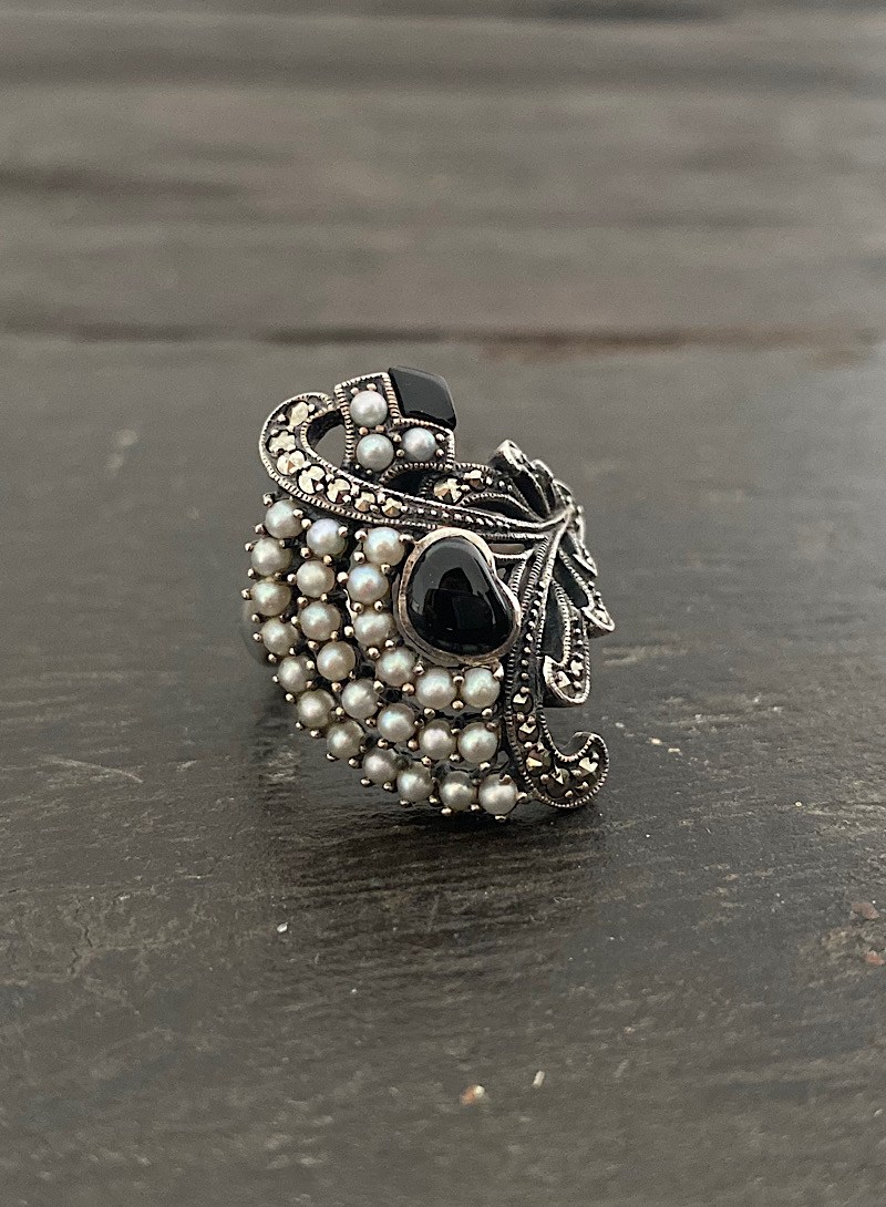 Heart onyx pearl marcasite 925silver ring